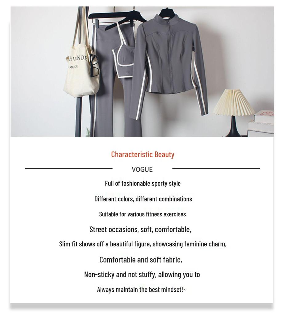 Damen Yoga Sportbekleidungsset: Hochtaillierte Schlaghosen, Schlankmachend, Tanz, Laufen, Reißverschluss, Dreiteilig für Herbst/Winter.