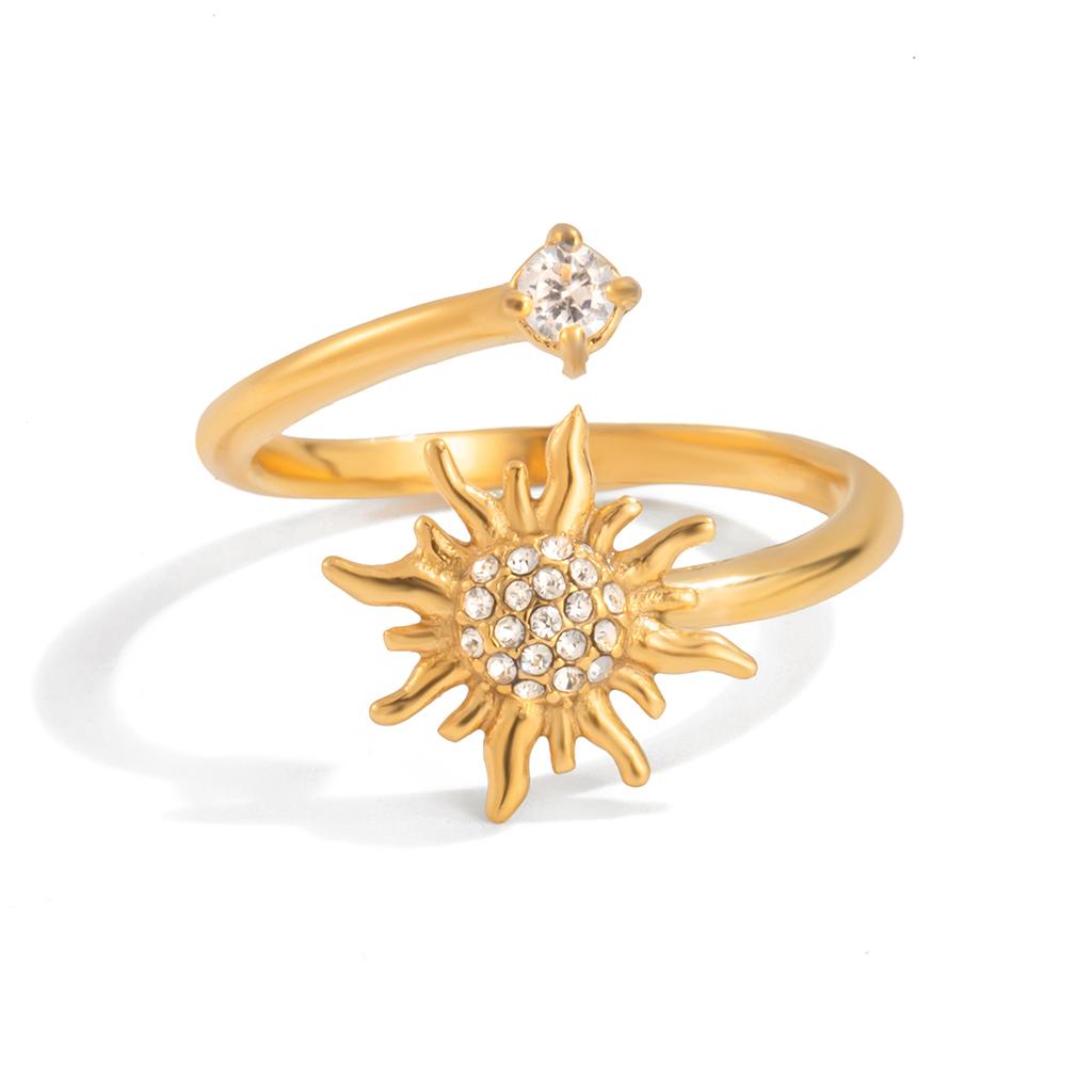 J&D 18K PVD Gold Plate Stainless Steel Rings Trendy Classic White Rhinestone Sun Adjustable Open Ring