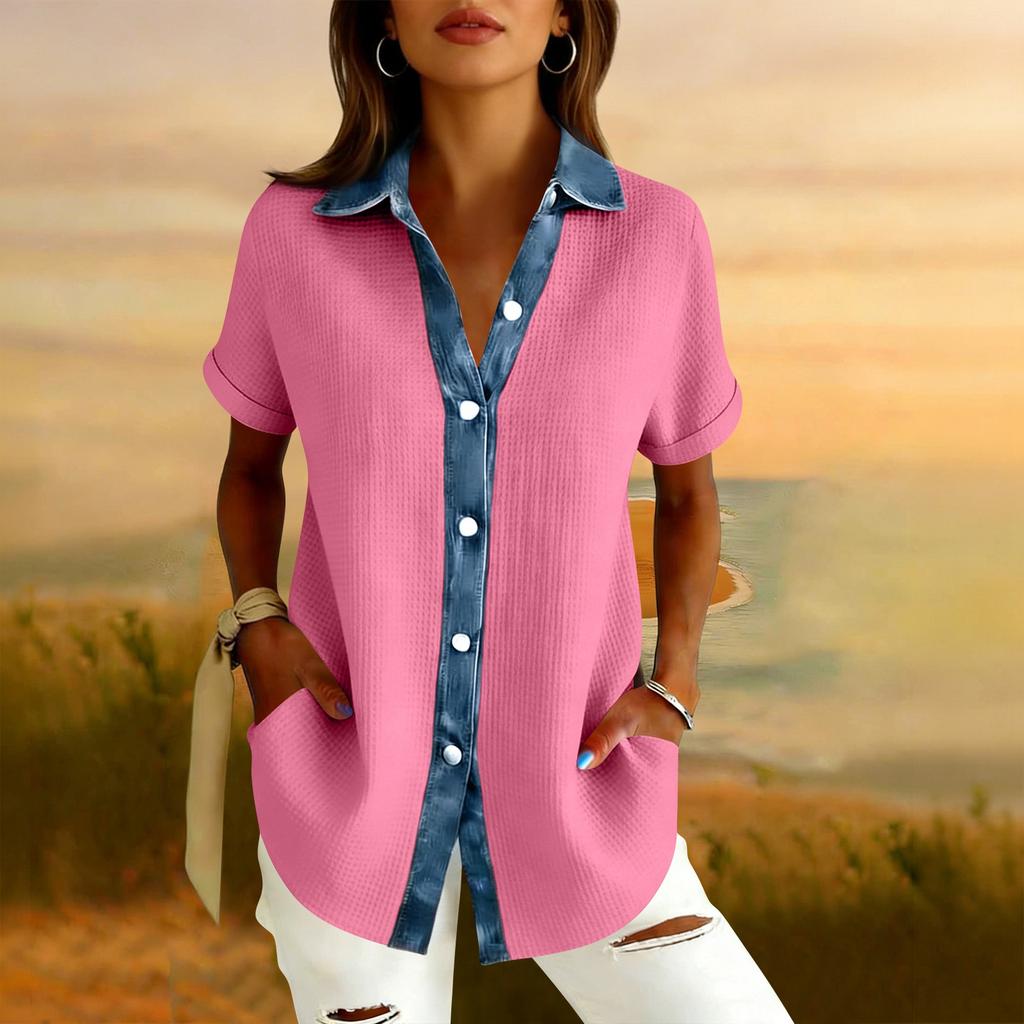 Womens Fashion Color Lapel Short Sleeved Denim Patchwork Button Up Shirt Loose Top