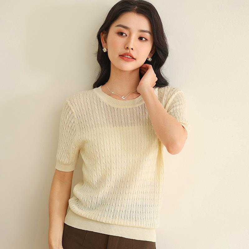 Garn aus reiner Baumwolle Rundhals Zopf Kurzarmpullover Sommer Kammgarn Kork Temperament Vielseitig Baumwolle Damen T-Shirt Top