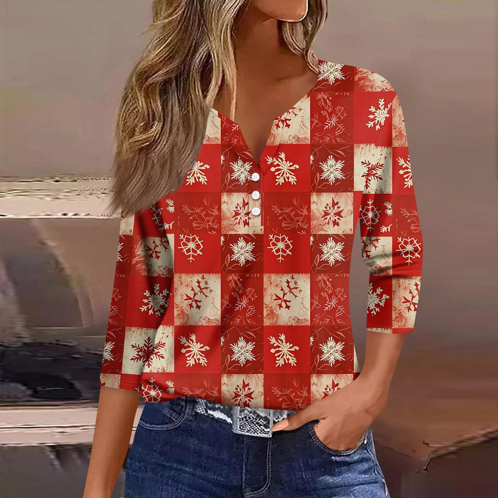 Women's Fashion Casual Three-quarter Sleeve V-neck Floral Print Top