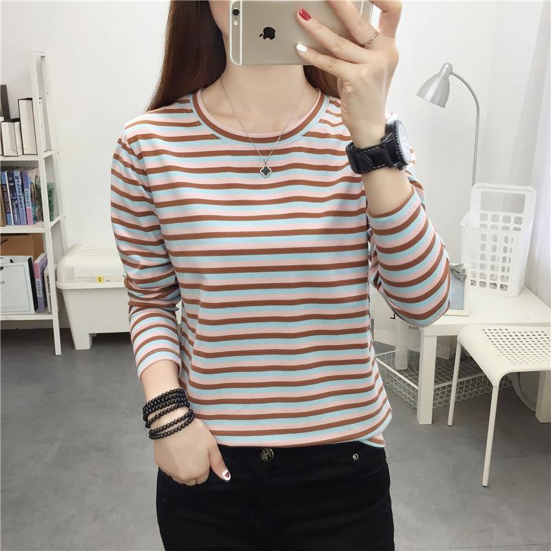 Women's Plus Size Striped Long Sleeve Cotton T-Shirt - Autumn Collection for Middle-Aged Moms