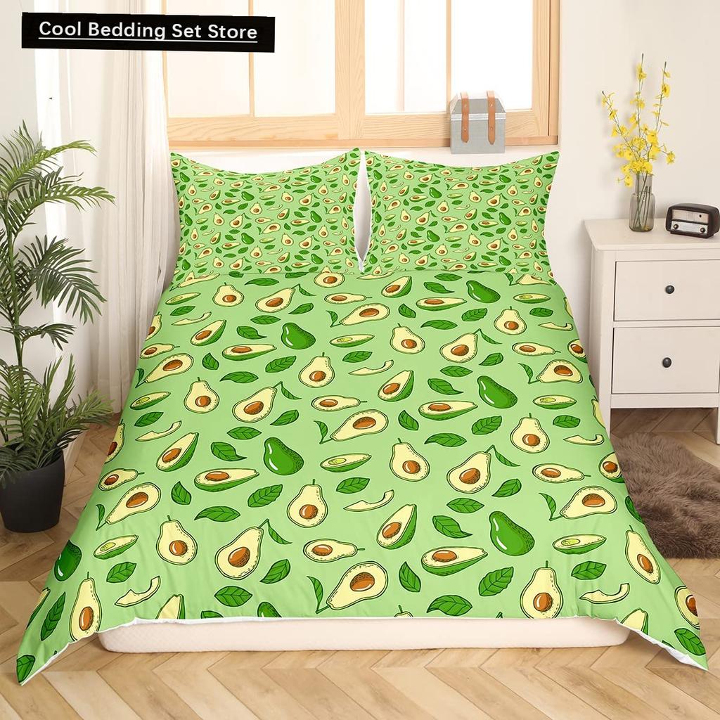 Husă de pilotă verde avocado King Queen Set de lenjerie de pat cu avocado din desene animate Husă de pilota cu fructe Husă de pilotă din poliester cu plante tropicale