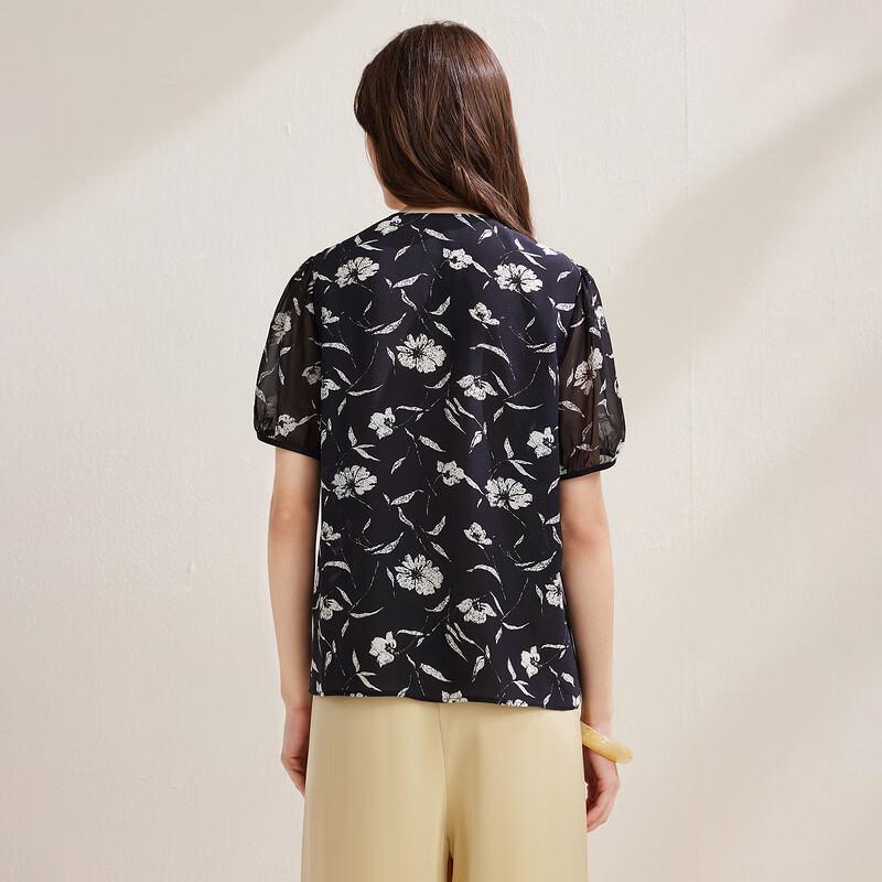 Zhaojun Damen Blumen-Seidenkrepp-Oberteil mit kurzen Ärmeln