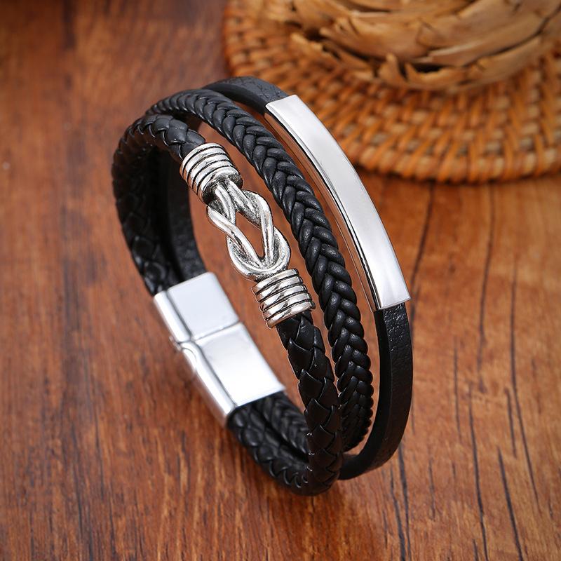 Multi Layer Braided Black Leather Bracelet For Men Titanium Steel Magnetic Clasp Punk Handmade Wristband
