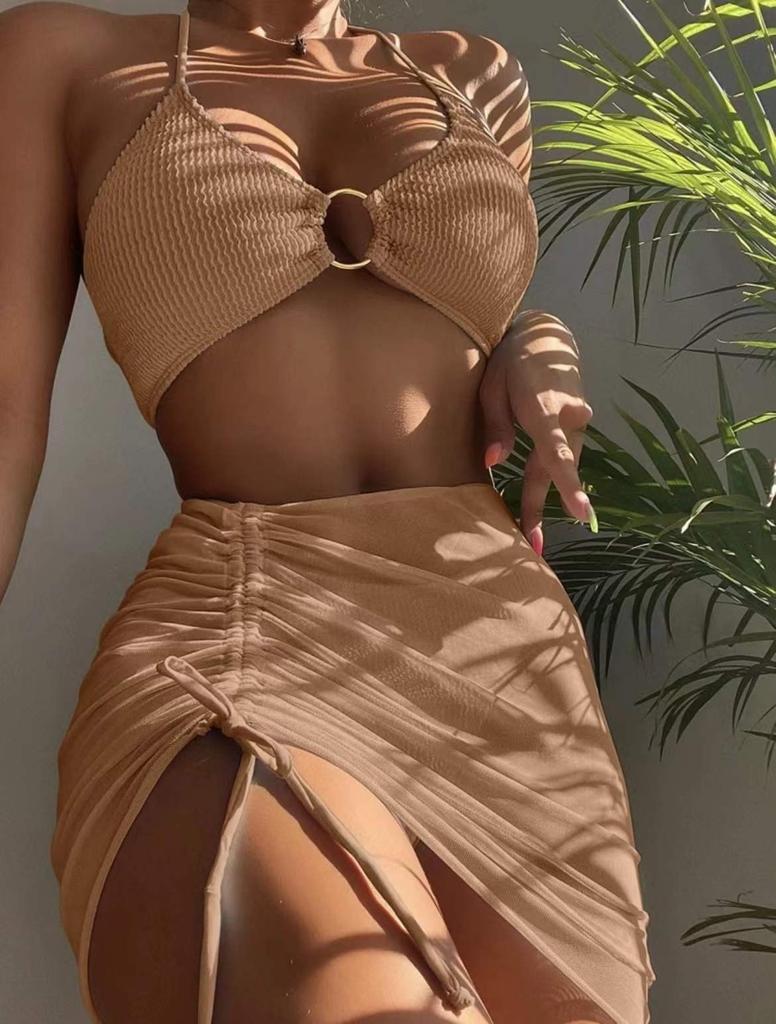 Women's Fashion Split Slim Solid Color Hanging Neck Three Sets Of Bikini Beach Dress Set (3 Sets With Chest Pads Without Steel Bra)