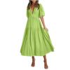 Puff Sleeve Vacation Dress For Women Summer  Deep V Neck Casual Short Sleeve A-Line Maxi Dresses