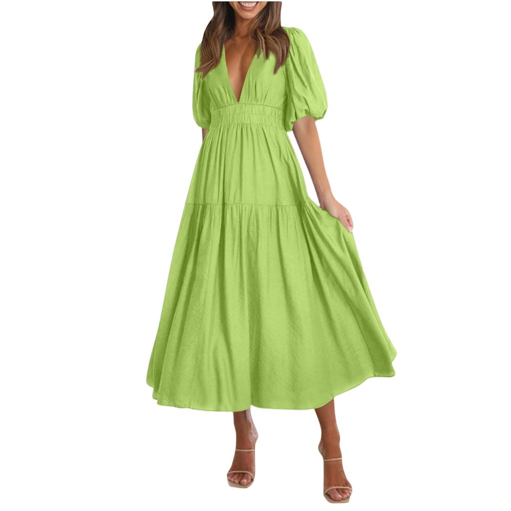 Puff Sleeve Vacation Dress For Women Summer Deep V Neck Casual Short Sleeve A-Line Maxi Dresses