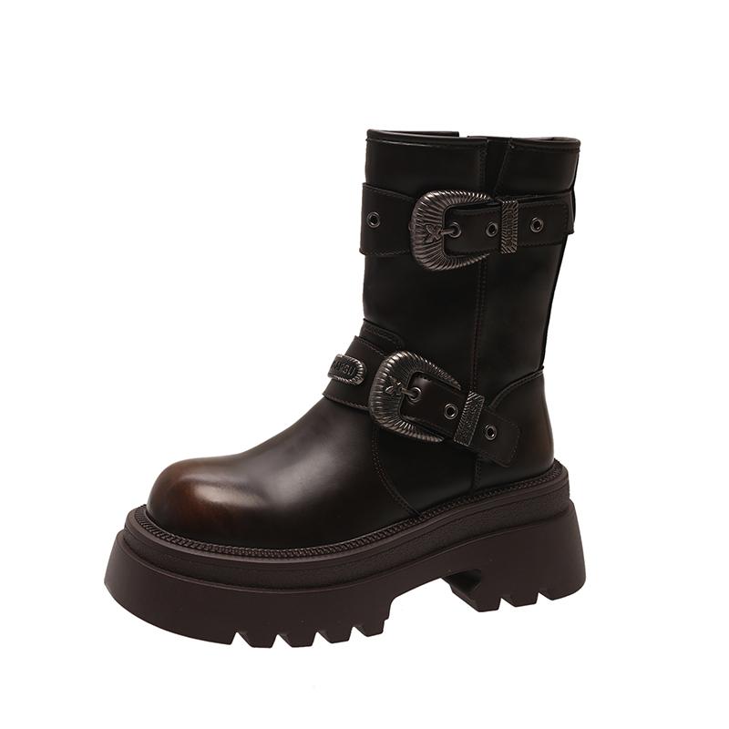 

модные женские ботинки с круглым носком, обувь на среднем каблуке для женщин, модные туфли на платформе с металлическим украшением, до середины голени, готические современные ботинки 40 коричневый