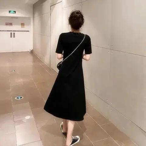 Black short-sleeved dress women's medium and long summer new student loose long over-the-knee thin a-word skirt