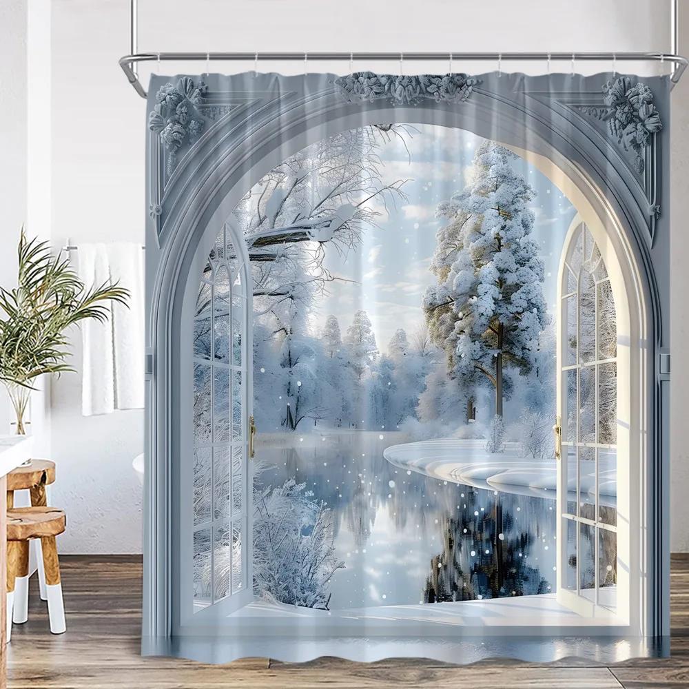 Winter Landscape Shower Curtain Outdoor Snow Scenery Merry Christmas European Style Home Decor Modern Bathroom Bathtub Curtain