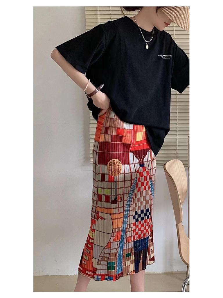 Miyake Cartoon Character Pleated Mid-Length Skirt with Plaid Print and Back Slit