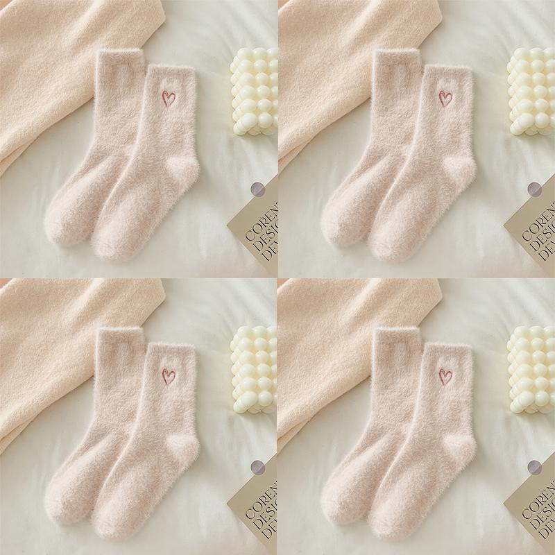 4 PAIRS Women Winter Warm Funny Socks Love Fuzzy Fashion Middle Tube Socks Female Thick Home Floor Sleep Socks