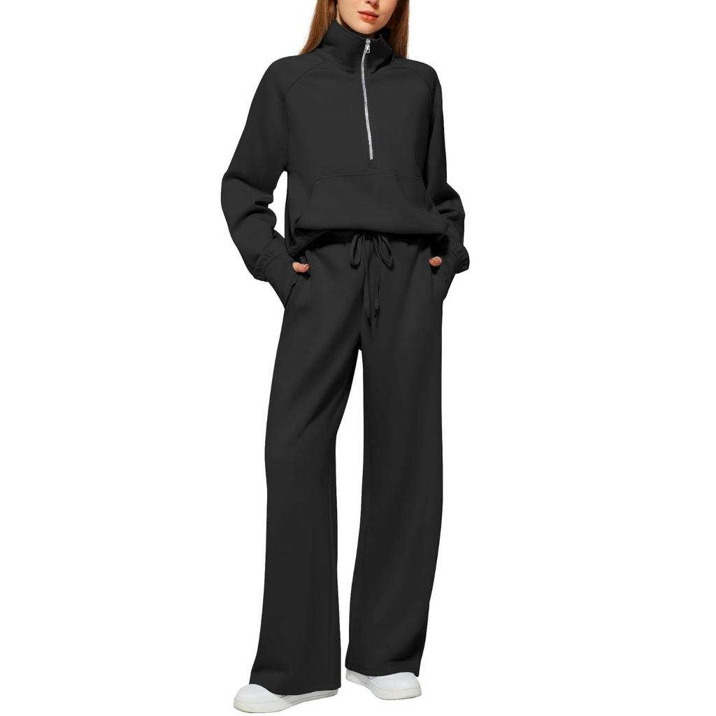 2025Women Coat Pants Set Stand Collar Long Sleeve Zip-up Elastic Cuff Jacket Drawstring Stretchy High Waist Wide Leg Trousers Sport Tracksuit