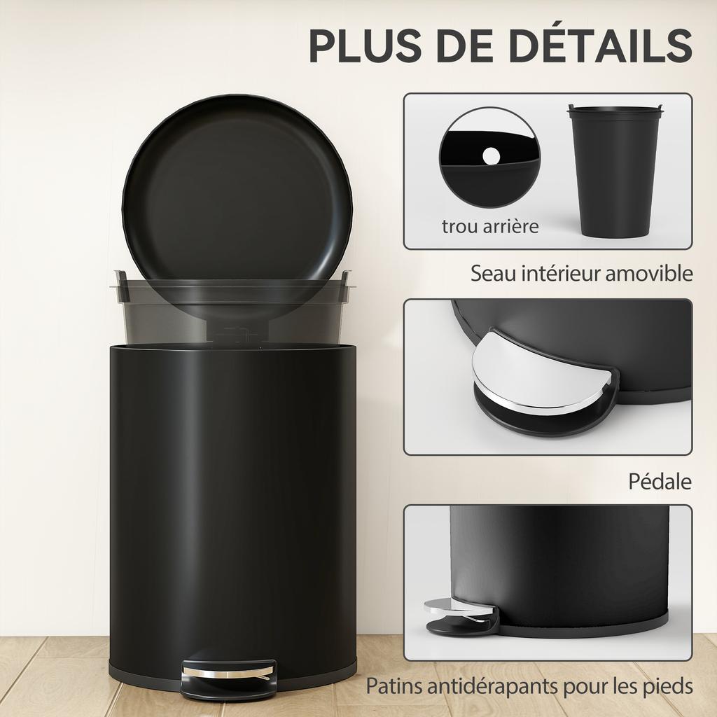 Pedal Kitchen Bin, 20 L, Metal, Soft-Close Lid, Removable Bucket, Black