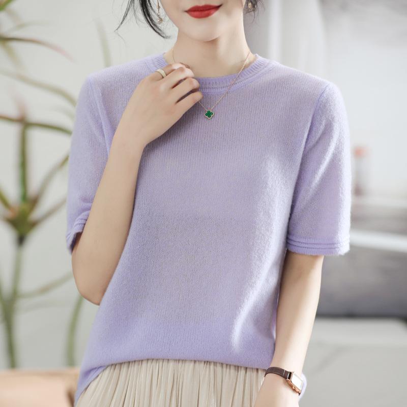 

Шелк Кашемир Разноцветный Первая линия Готовая одежда Изысканный Свитер с коротким рукавом Весна и Осень Новый Легкий Облачный Бархат Короткая футболка L