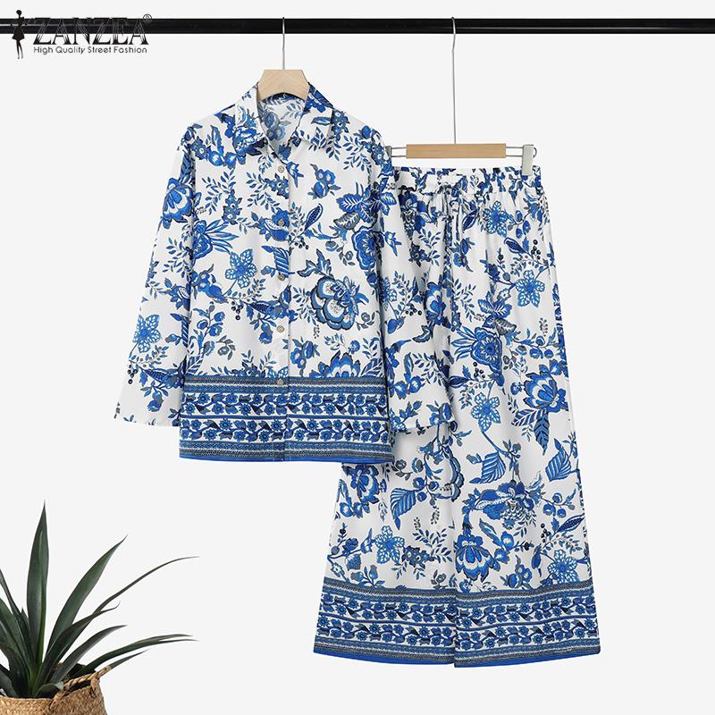 ZANZEA Damen Langarmbluse und Hose Lässiger Print Zweiteilige Anzugsets