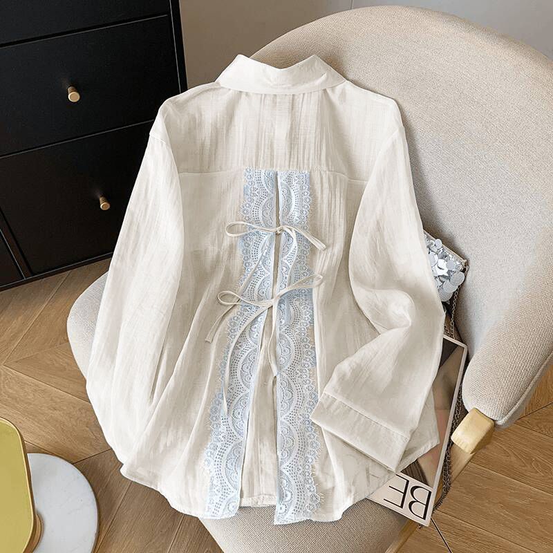 Women's Point Collar Long Sleeve Shirt Loose Fit Feminine Lace Patchwork Blouse Thin Sun Protection Overshirt