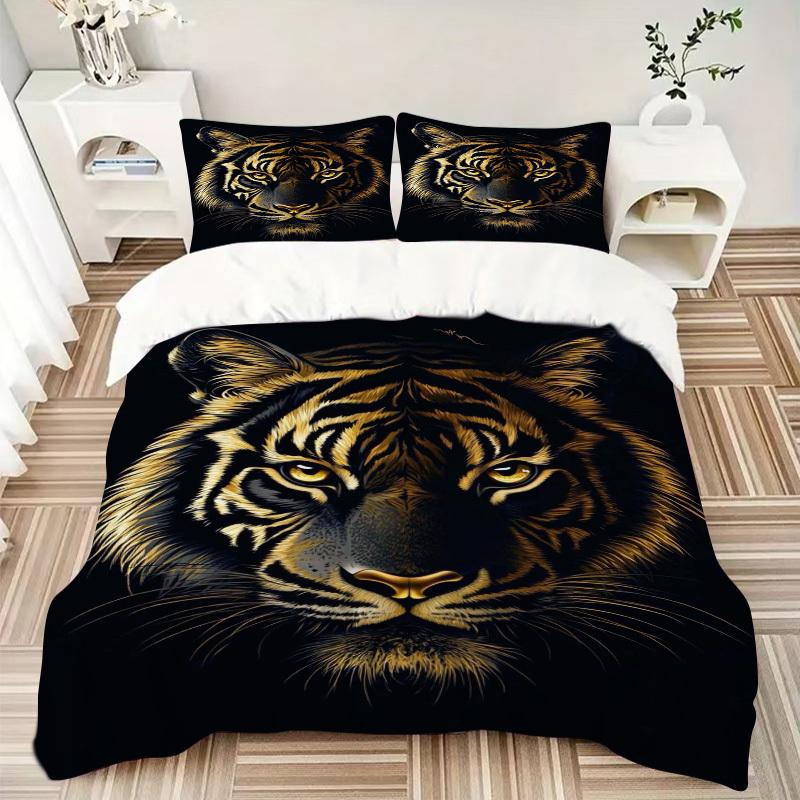 3pcs Golden Tiger Bedding Set - Includes One Quilt Cover and Two Pillowcases (No Core) - Home Decor, Festival Gift, Polyester Fabric, Anime