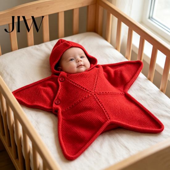 Breathable Nursery Bedding Starfish Baby Sleeping Bag, Knitted Swaddle Sleep Sack with Hood, Soft Knit Cocoon Cozy Star Shaped Infant Wearable