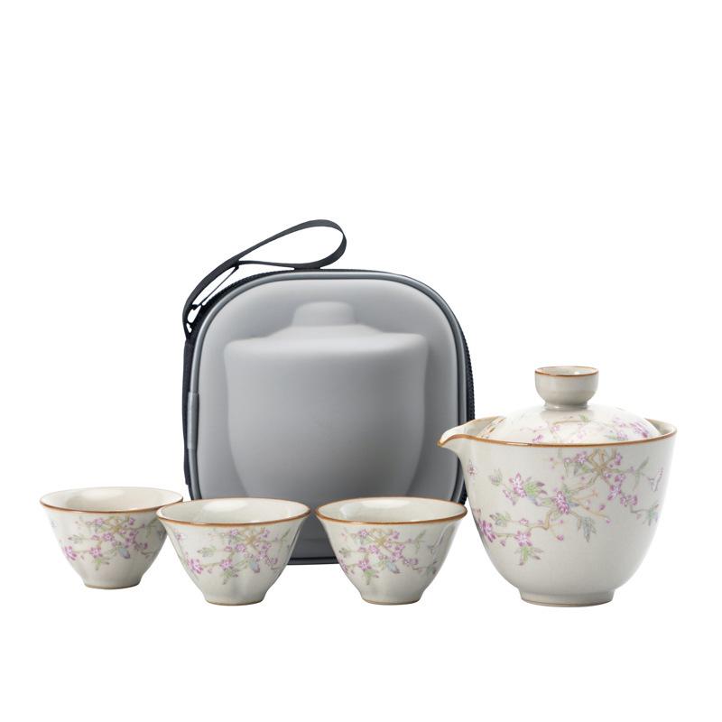 Ru Kiln Travel Set One Pot Three Cups Portable Quick Outdoor Tea Drinking Single Ceramic Teapot Cup