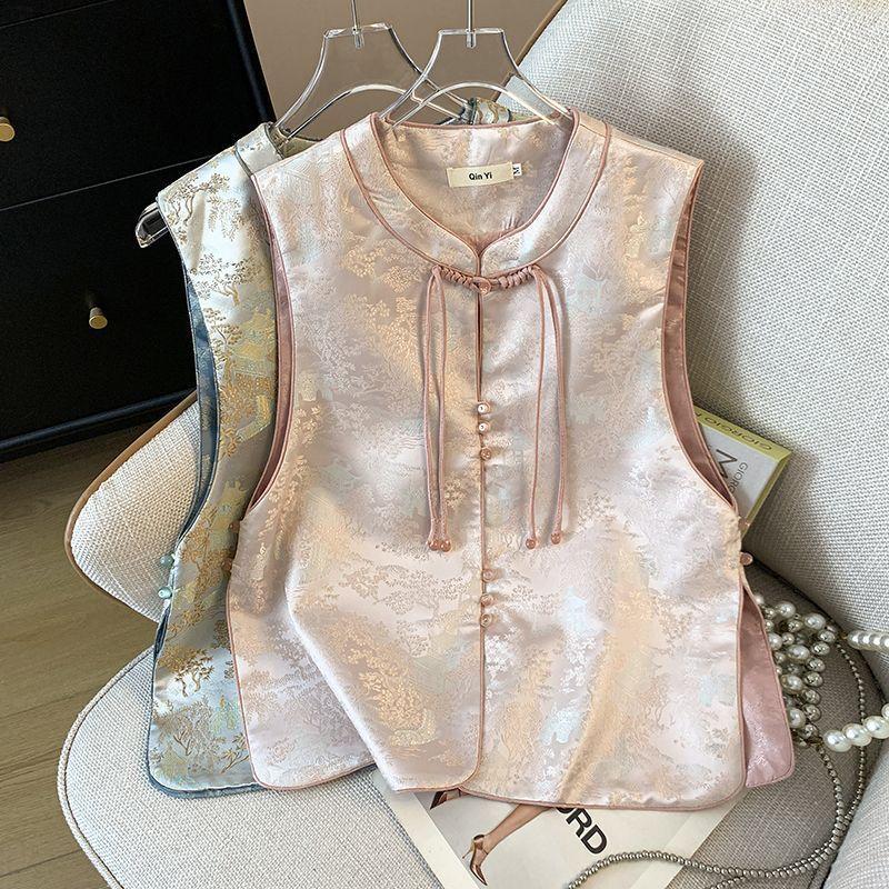 Vest Women's Guochao Plate Buckle Small Jacquard Pink Ankara Red Top Old Age