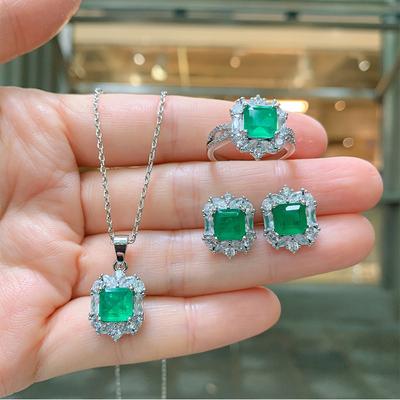 Conjunto de joias pequenas de esmeralda quadrada, colar feminino, pingente, anel, brincos, conjunto de joias femininas