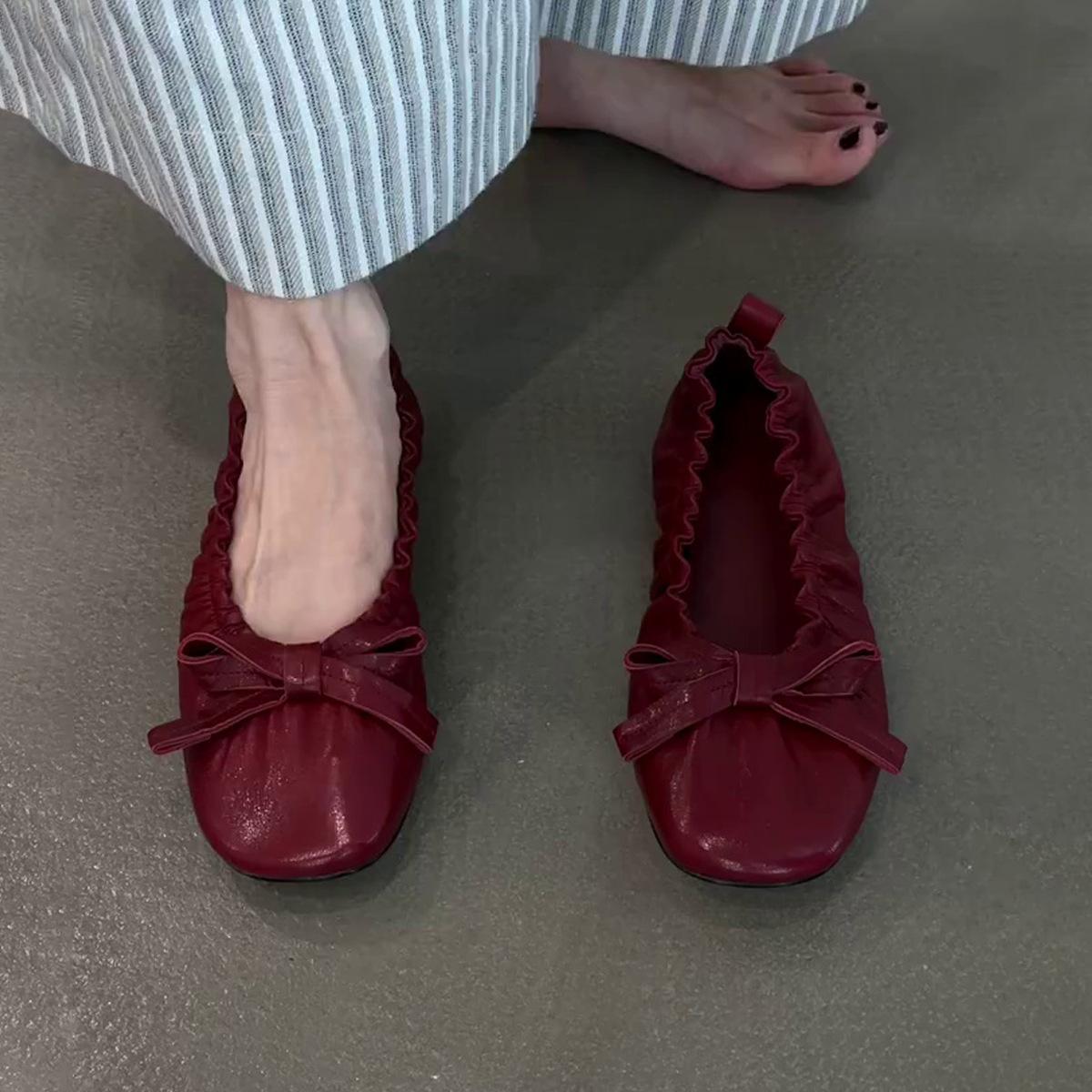 

Версия из овчины~ ретро плиссированные туфли-балетки с бантом, туфли-лодочки на плоской подошве, женские, для работы, темпераментные, с мелким вырезом, одинарные туфли 40