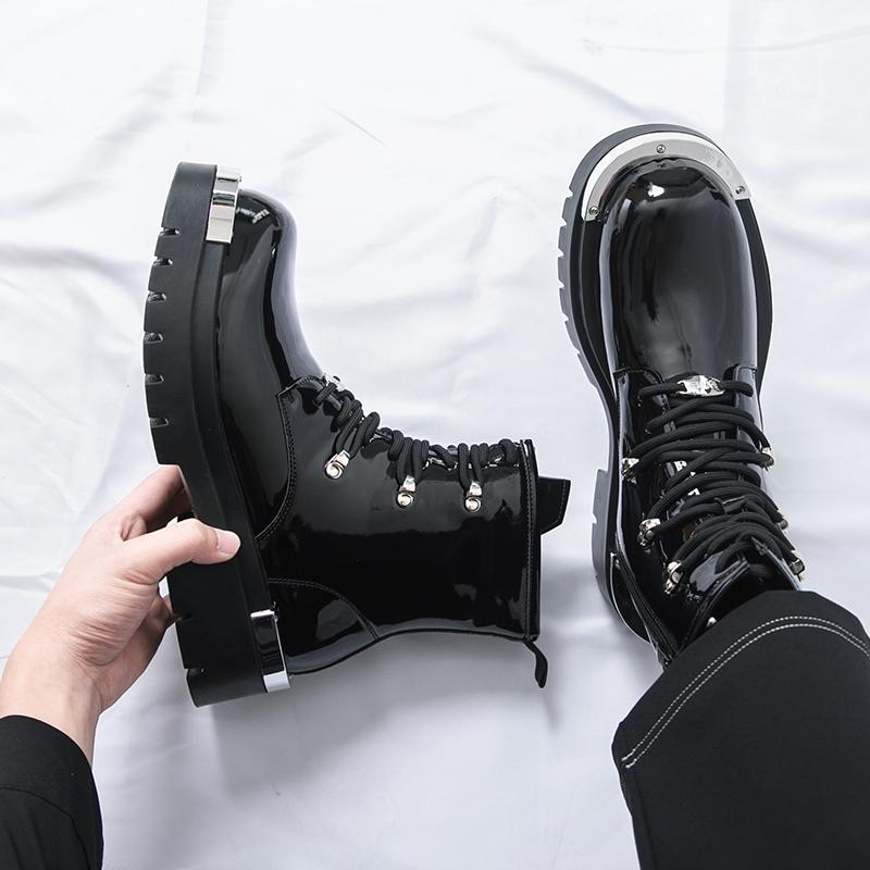 Men’s Thick Sole Platform Punk Patent Leather Boots Elevator Street Style Big Head Motorcycle Boots High Boots Plus Size