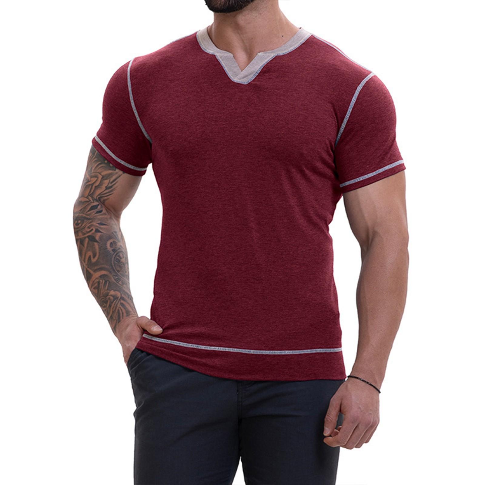 

Мужские весенние однотонные топы с V-образным вырезом в стиле ретро с коротким рукавом, мужские повседневные модные топы XL винный
