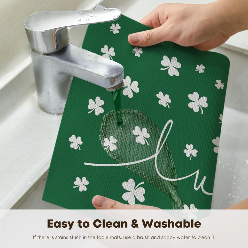 Lucky Shamrock Vinyl St. Patrick's Day Placemats Set of 4, 12x18 Inch Wipeable Non-Slip Spring PVC Place Mats for Party Kitchen Dining Decor