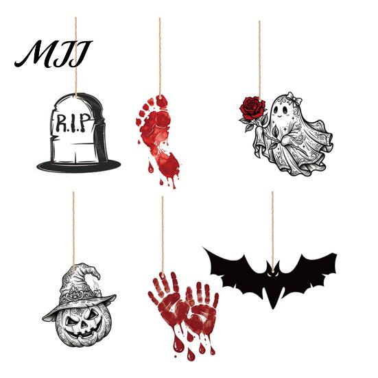 Halloween Hanging Decor 6Pcs Wooden Decoration, Ghost Pumpkin Eyeball Indoor Outdoor Ornament with Rope, Spooky Holiday Party