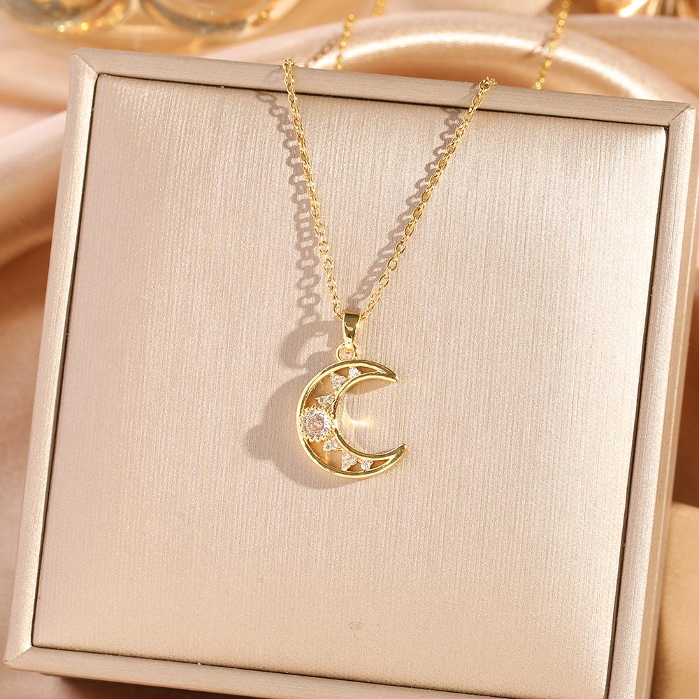 Damen Stern und Mond Titanstahl Anhänger Halskette - Vielseitiger Schlüsselbeinschmuck