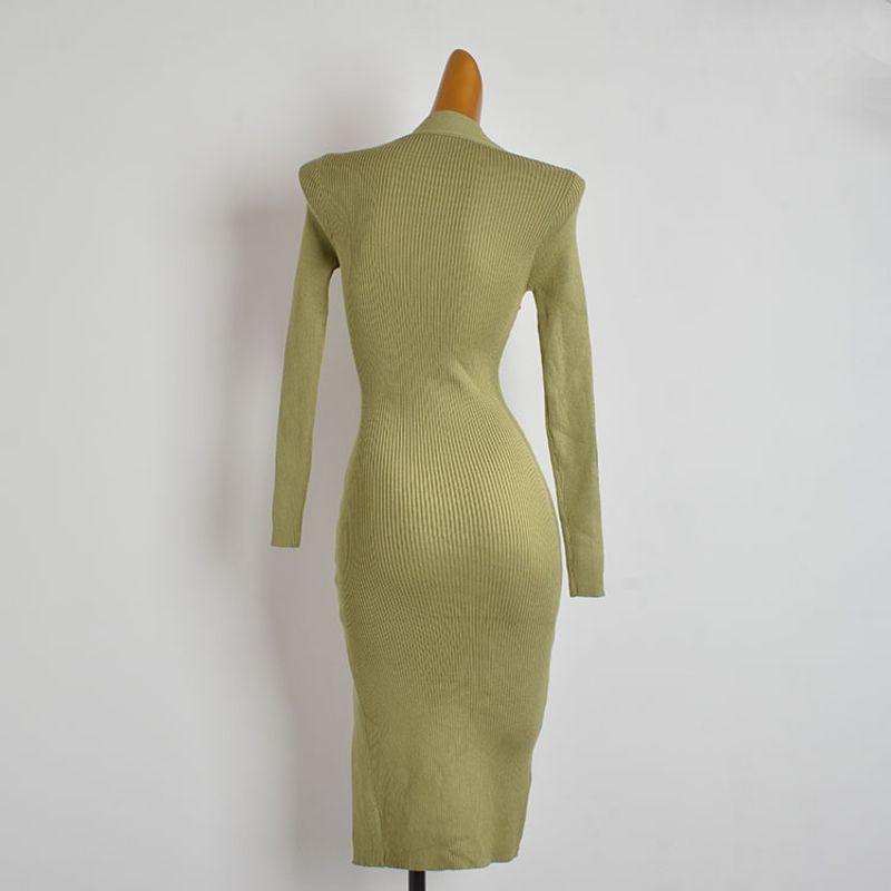 Export European and American Sexy Sexy Fashion Square Collar Long Sleeves Knitting Dress Silm Slimming Midi Dress Women's Clothing