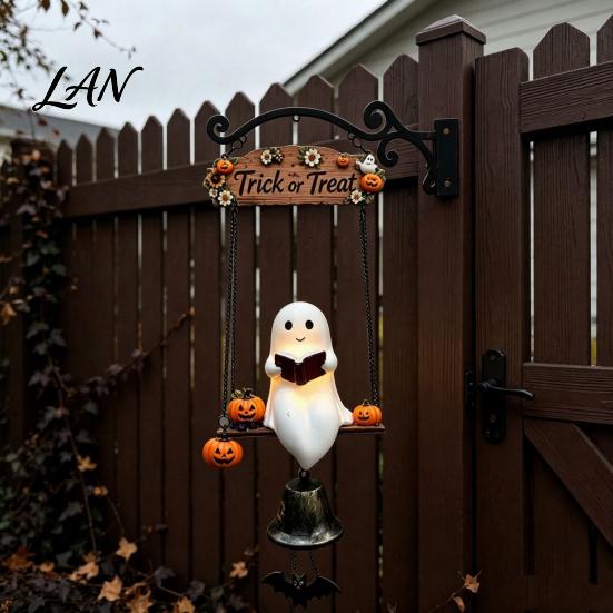 Decorative Metal Bell Ornament Halloween Swing Ghost Doorbell, with Pumpkins Decor, Gothic Style Trick Festive Front Door Hanger or Treat Sign,