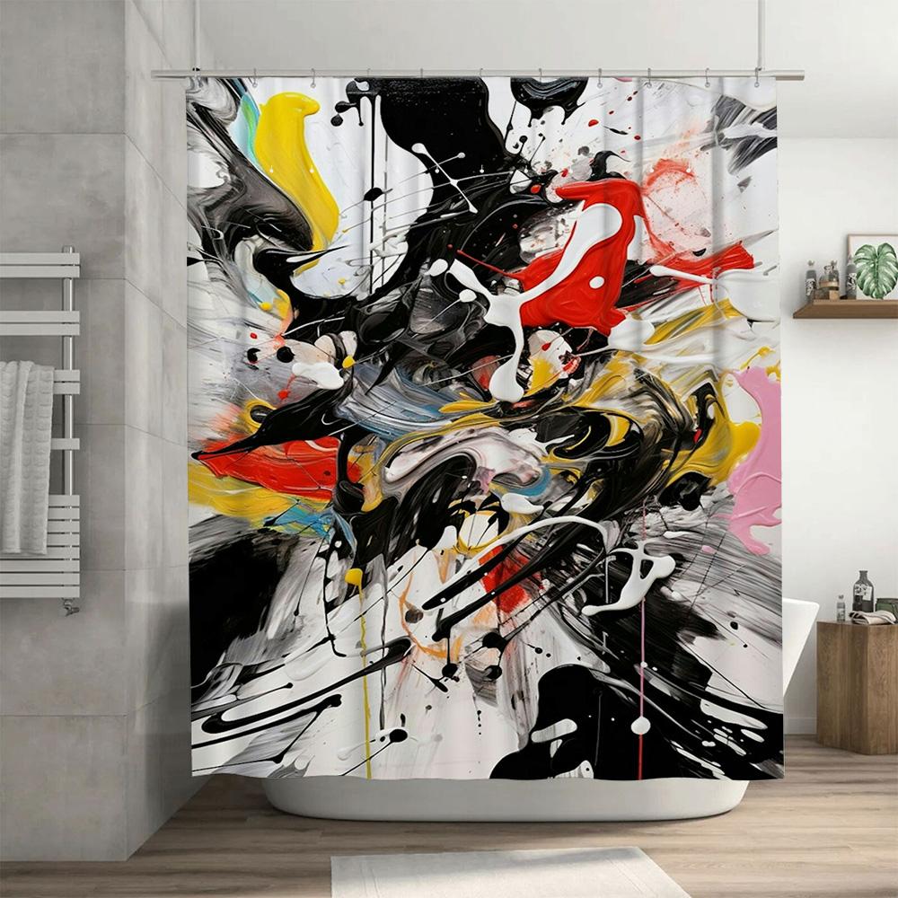 Abstract Black Red White Yellow Splash Shower Curtain for Bathroom Decor Waterproof Fabric with Rings Set
