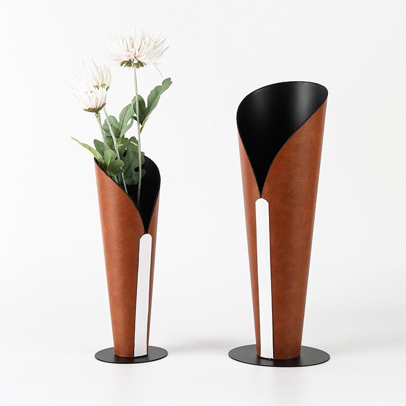 Creative Leather Abstract Torch-shaped Vase Open-mouthed Flower Pot Flower Arrangement Accessories Stainless Steel Flower Vase