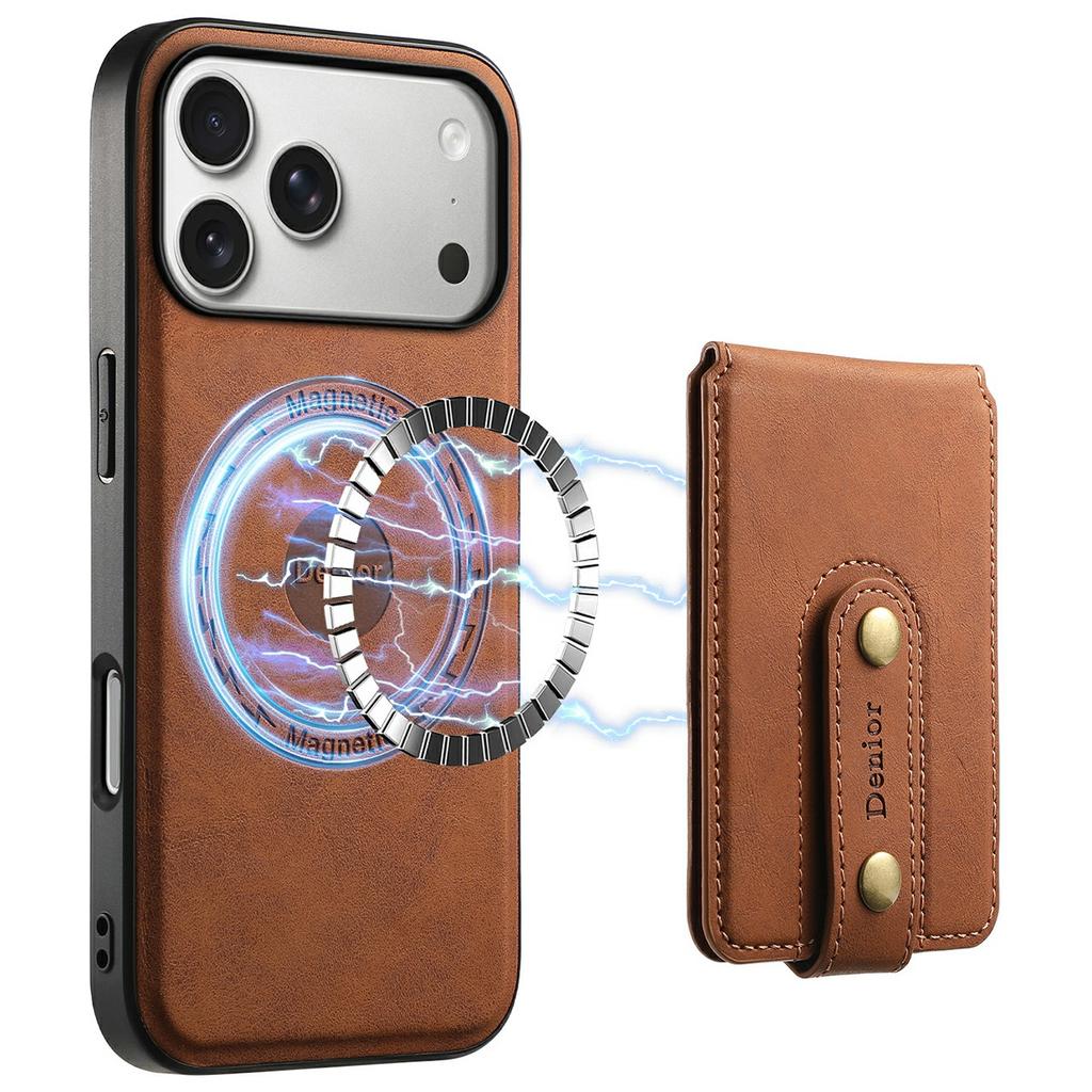 DENIOR D14 For iPhone 17 Pro Max Magnetic Case with Detachable Card Holder Kickstand PU+TPU+PC Phone Cover