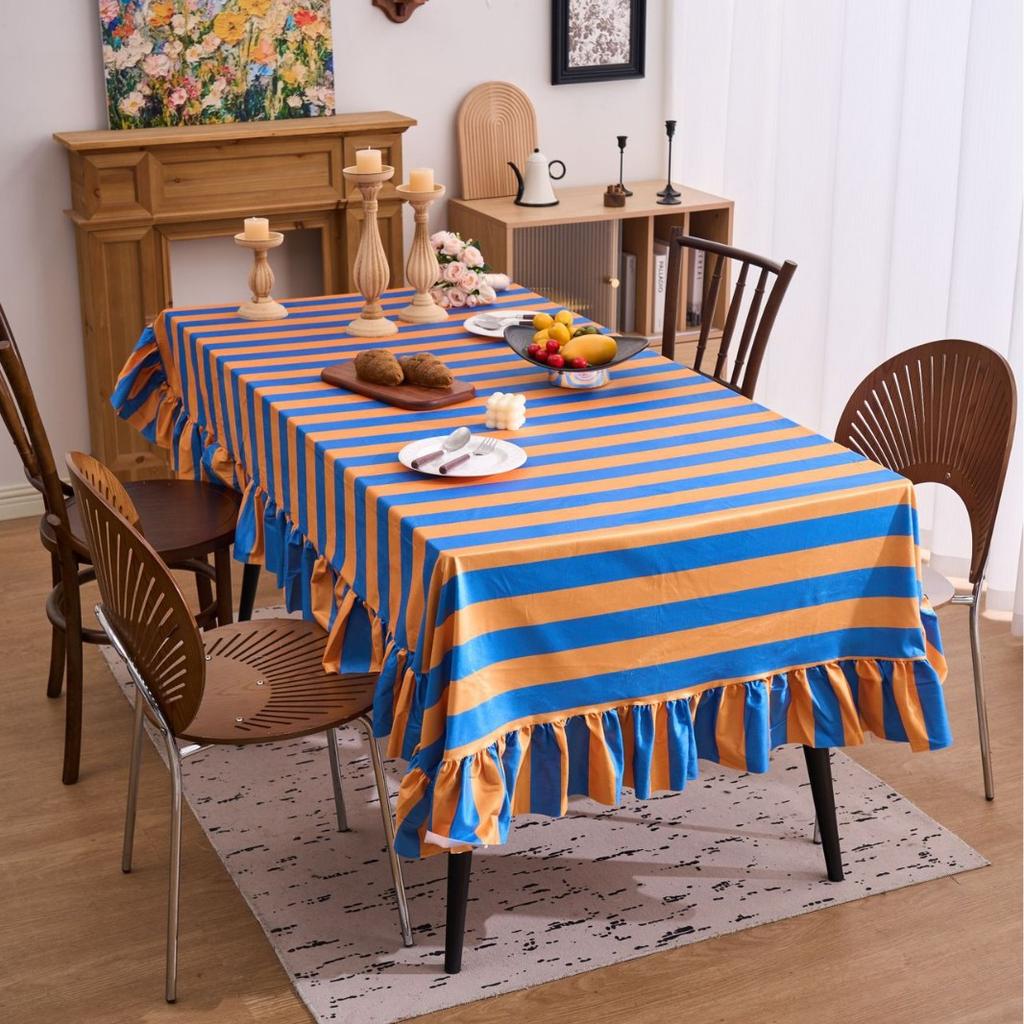 Striped Ruffled Lace Tablecloth Round Dust Proof Wrinkle Resistant Table Cover for Kitchen Party Dining Decoration Table Cloth