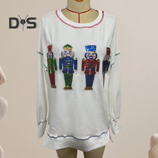 Women Sweatshirt Sequin Cartoon Pattern Slit Hem Round Neck Long Sleeves Christmas Style New Year Party Performance Top