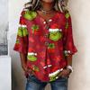 Women's Casual Christmas Print Button Front Top with Lace Sleeves
