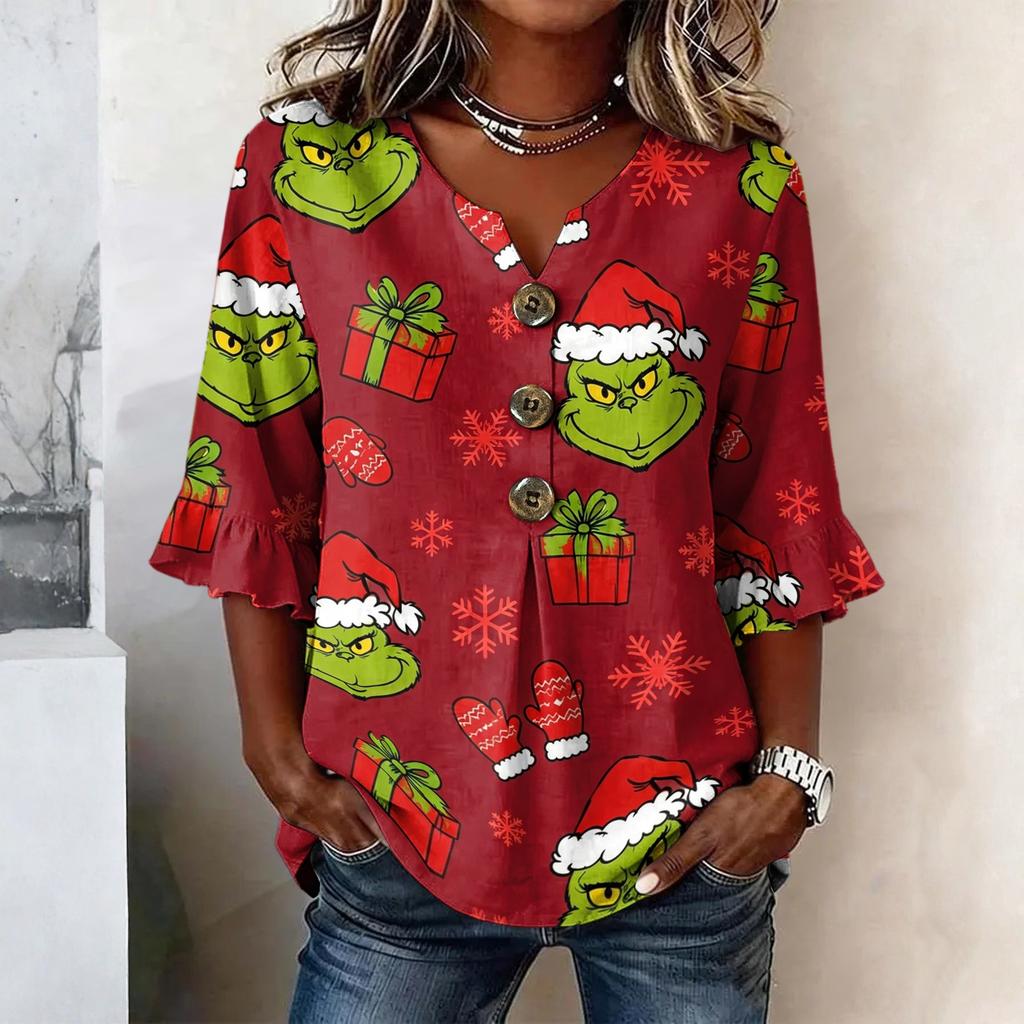 Women's Casual Christmas Print Button Front Top with Lace Sleeves