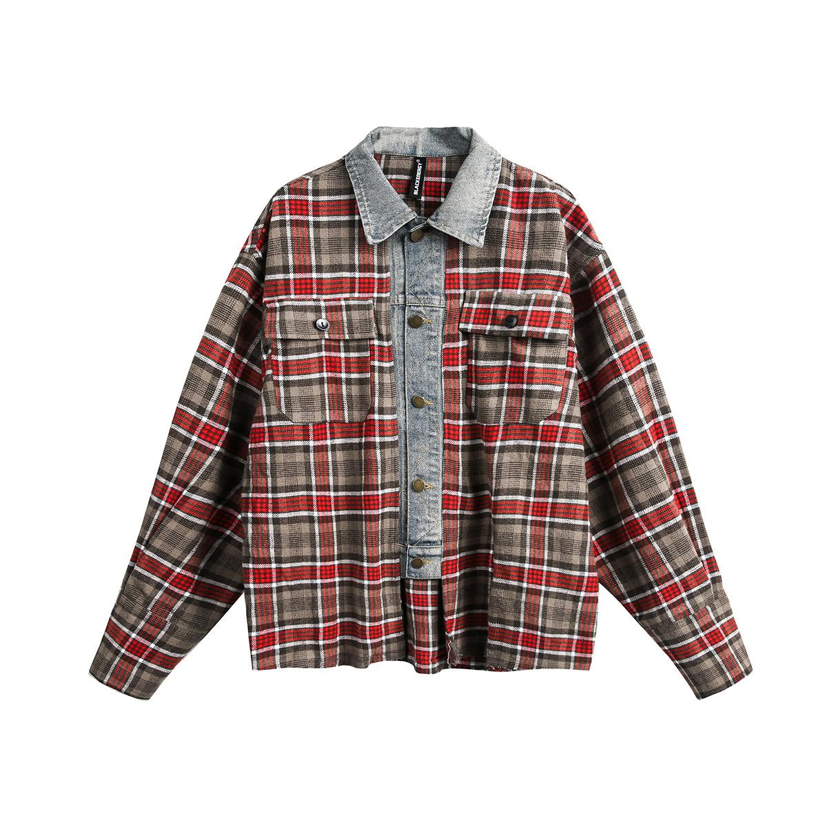 Men s spring new American retro ins tide wash splicing plaid shirt vintage S