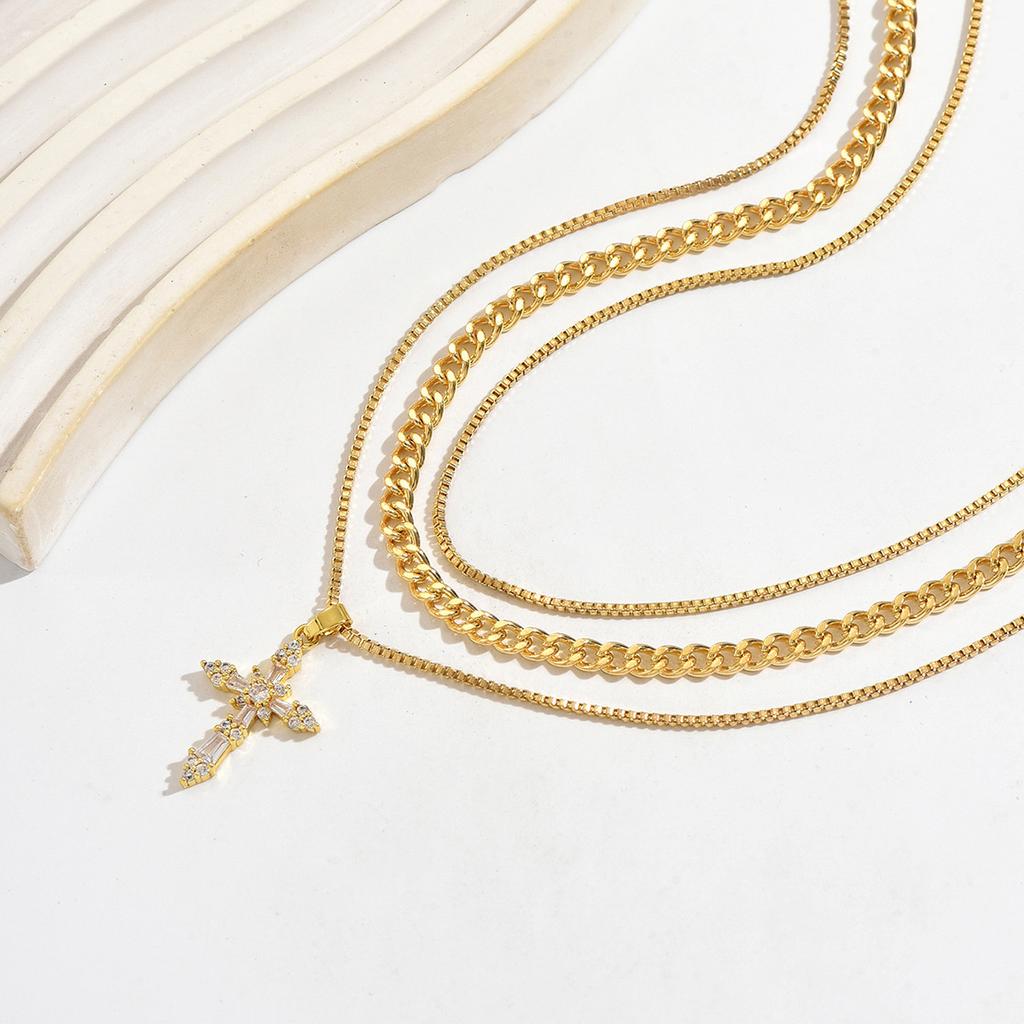 Cross pendant necklace European and American style multi-layer stacking design sweet and cool personality collarbone chain necklace