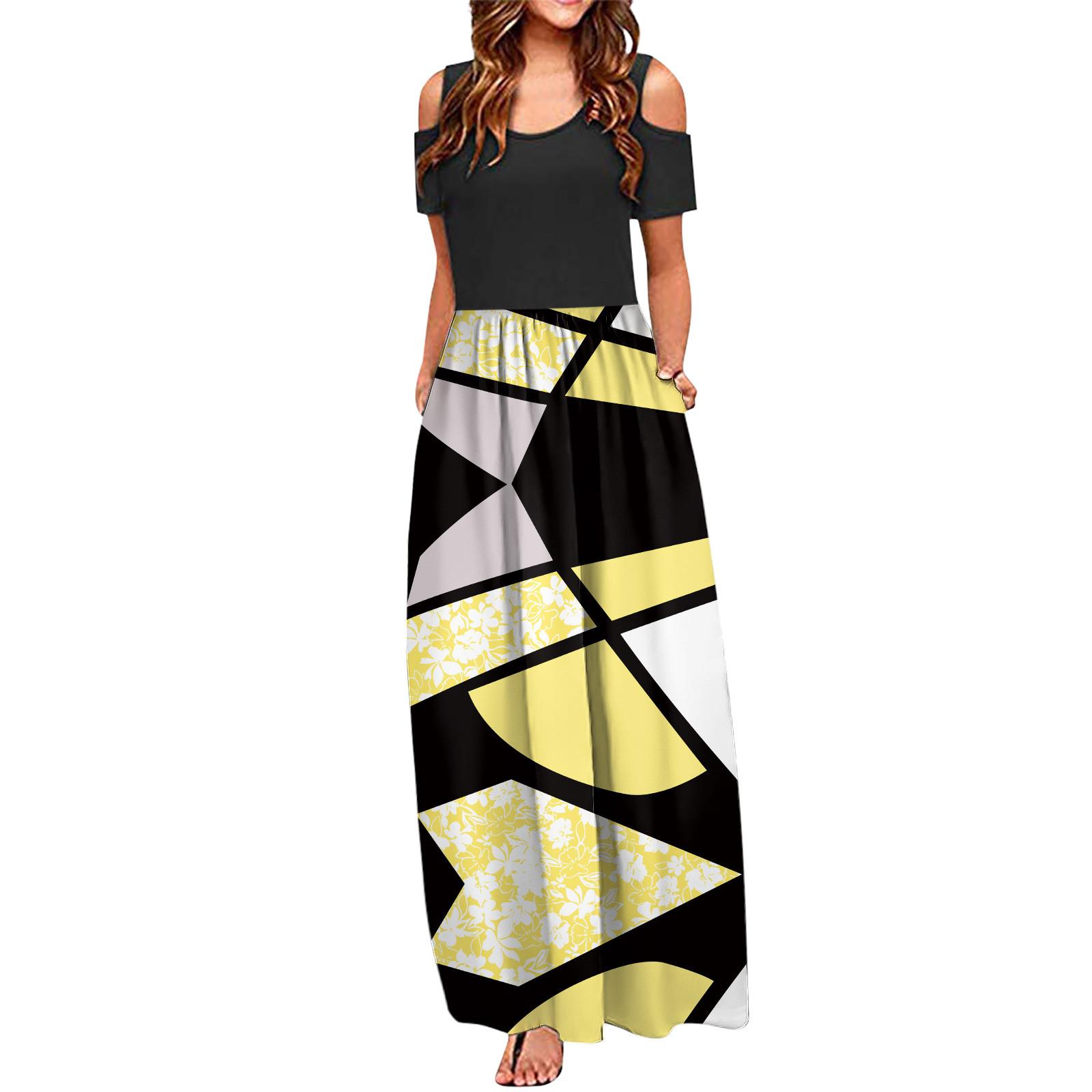 

Women s Fashion And All- Holiday Round Neck Strapless Long Print Spring And Summer Dress XXL жёлтый