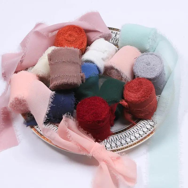 4CM*5M Handmade Frayed Edged Satin Chiffon Silk Ribbon For Wedding Invitation Wrapping Bouquets Birthday Party Decorations Gifts