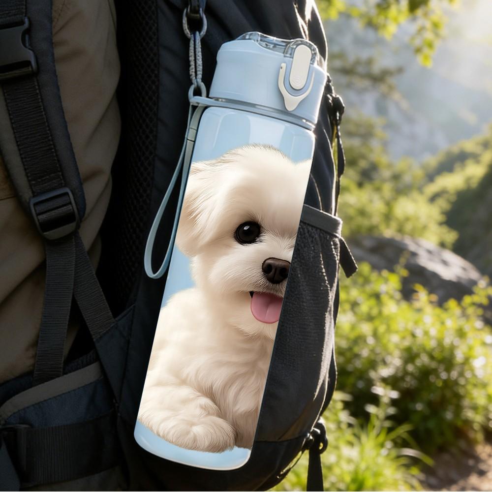 1PC White Fluffy Bichon Puppy 750ml Color Plastic Sports Water Bottle Leakproof Flip Straw Lid Suitable for Sports Office Home Use