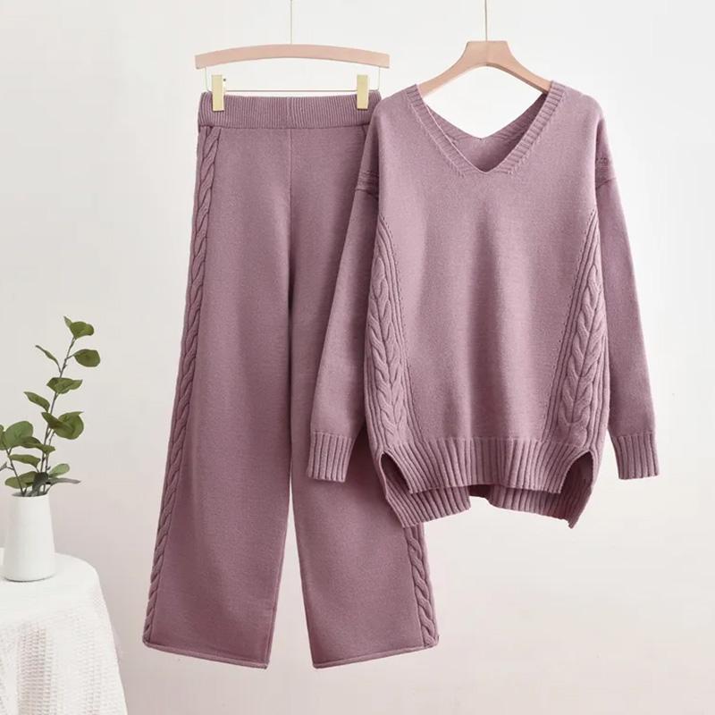 Costume Dama Seturi Bumbac Decolteu V Pulover Tricotat Pantaloni Culoare Solidă Top Pulover Îngroșat Pantaloni Lungi Costum Două Piese Oversize 2 Piese