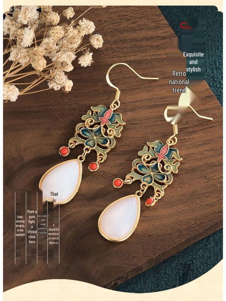 Retro National Trend Cloisonné Enamel Earrings with Southern Red Agate and White Jade for Hanfu Costumes