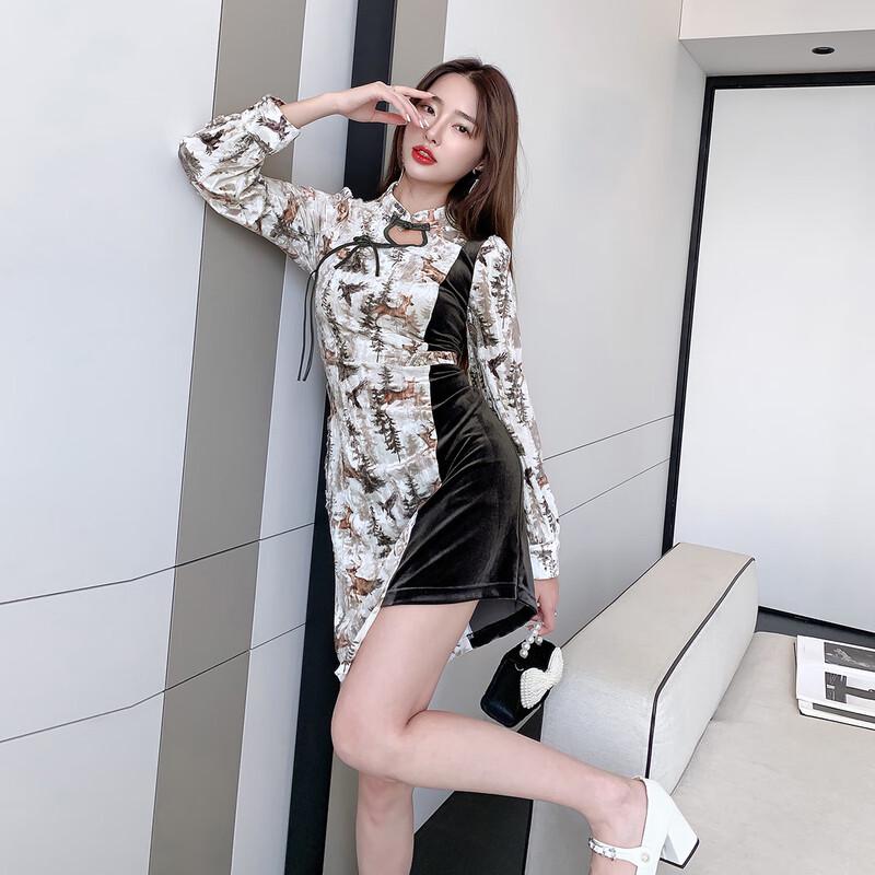 JK&JS Modern Chinese Style Floral Velvet Cheongsam Dress